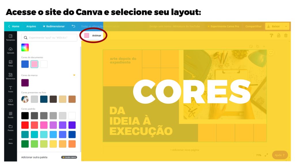 Aba para selecionar as cores da arte no Canva