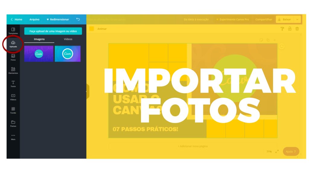 Aba para importar fotos/vídeos no Canva